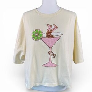 Peach Love California Sequin Martini Glass Graphic Cream Boxy T-Shirt Large